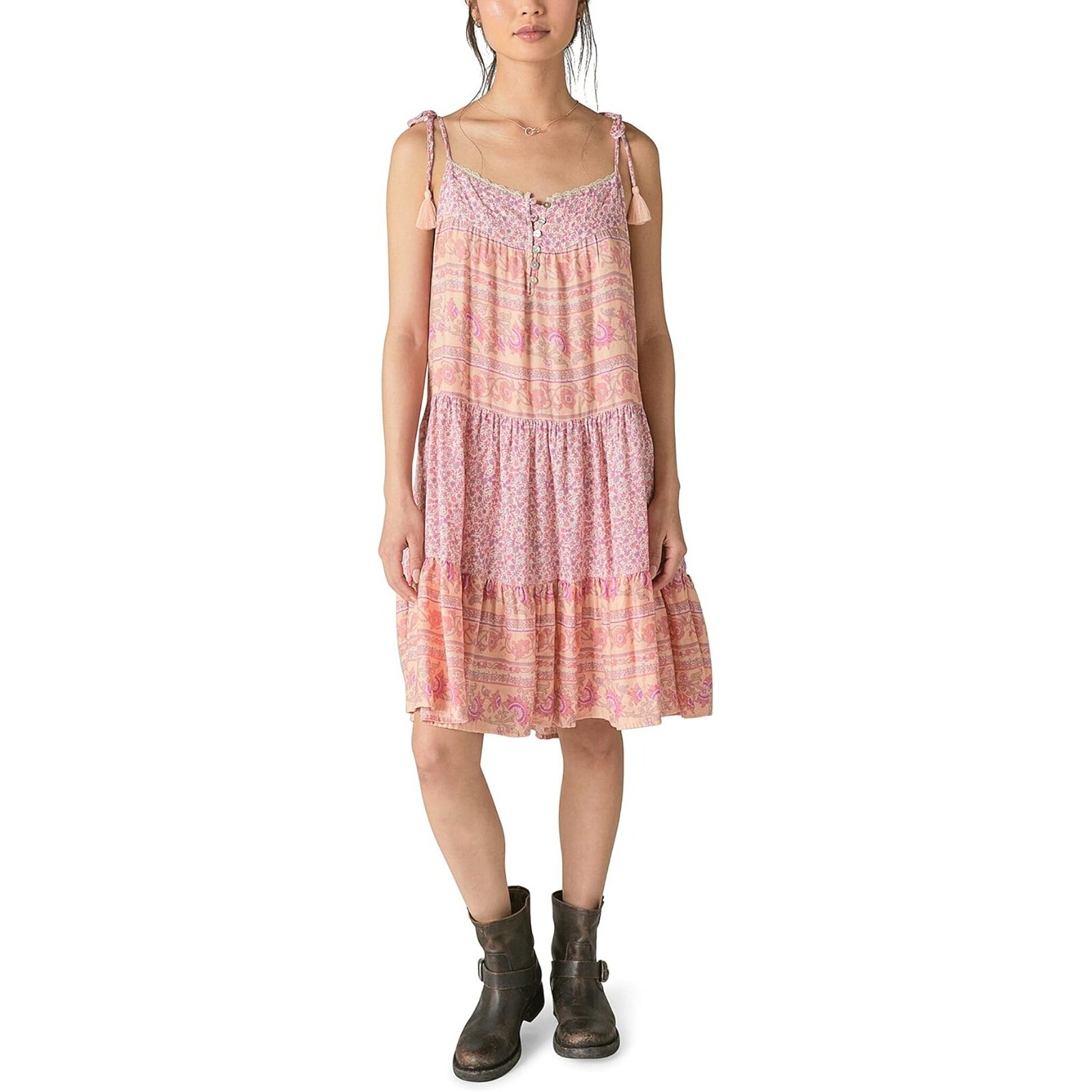 Lucky Brand Womens Size Xs  Mixed Print Tie Sleeve Tiered Dress Msrp 119